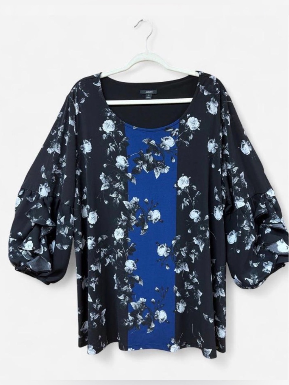Alfani Black & Blue Floral Ruffle-Sleeve 3X Tunic Blouse Whimsygoth Fairy Dressy
